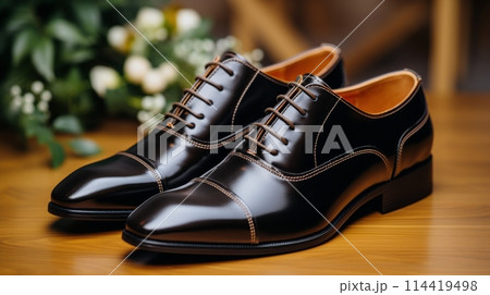 Black Shoes on Wooden Table 114419498