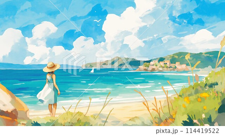 海を眺める女性のイラスト素材 [114419522] - PIXTA