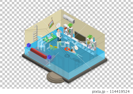 3D Isometric Flat Conceptual Illustration of Flooded Room, Water Leak Problem 3D Isometric Flat Conceptual Illustration of Flooded Room, Water Leak Problem 114419524
