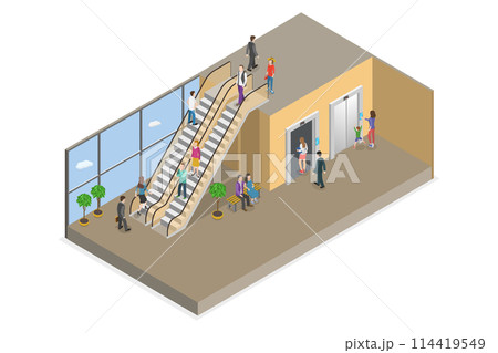 3D Isometric Flat  Conceptual Illustration of Escalator And Elevator, Carrying People Between Floors of a Building 114419549
