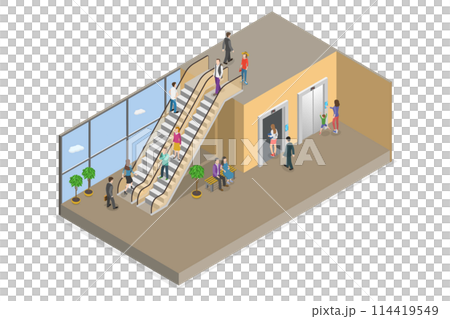 3D Isometric Flat  Conceptual Illustration of Escalator And Elevator, Carrying People Between Floors of a Building 114419549