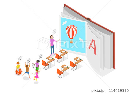 3D Isometric Flat  Conceptual Illustration of Montessori Kindergarden, System for Early Childhood Development 114419550