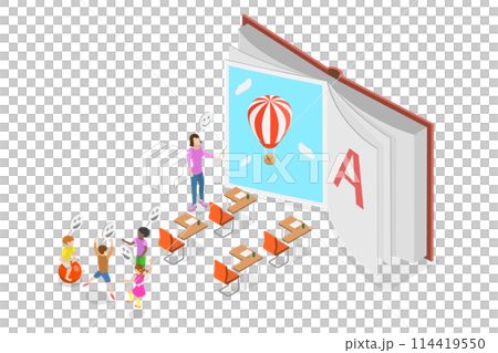 3D Isometric Flat  Conceptual Illustration of Montessori Kindergarden, System for Early Childhood Development 114419550