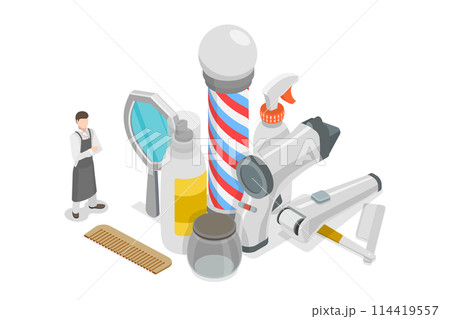 3D Isometric Flat  Set of Barber Equipment, Beard or Mustache Shave and Haircut 114419557
