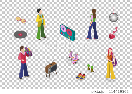 3D Isometric Flat Conceptual Illustration of Fashion History, 1970s Designe Elements 3D Isometric Flat Conceptual Illustration of Fashion History, 1970s Designe Elements 114419562