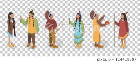 3D Isometric Flat  Set of Indigenous People, First Nation Characters in Traditional Clothing 114419597