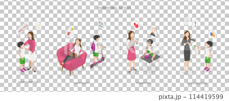 3D Isometric Flat  Conceptual Illustration of Parenting Styles, Parental Involvement in Child Wellbeing 114419599