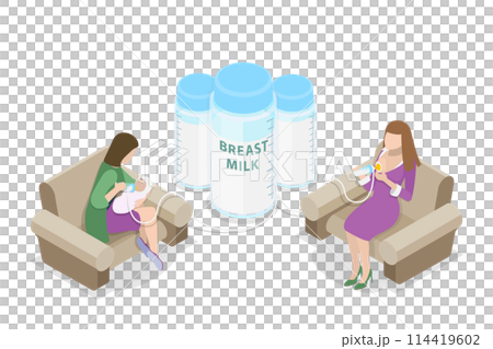 3D Isometric Flat  Conceptual Illustration of Breast Milk Donation, Female Donor is Collecting Milk with Pump 114419602