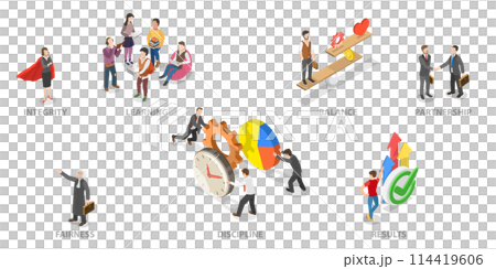 3D Isometric Flat  Conceptual Illustration of Core Values, Professional Work Goals 114419606
