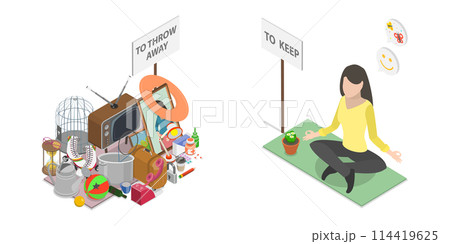 3D Isometric Flat  Conceptual Illustration of Decluttering, Figuring out with Mess 114419625