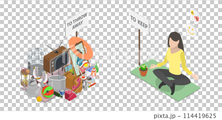 3D Isometric Flat  Conceptual Illustration of Decluttering, Figuring out with Mess 114419625