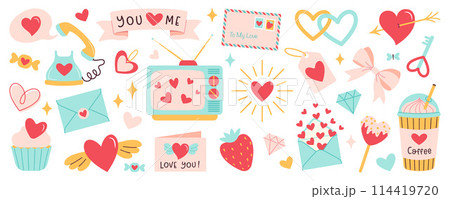 Valentines day vector elements set. Cartoon style for stickers and greeting cards Valentines day vector elements set. Cartoon style for stickers and greeting cards 114419720