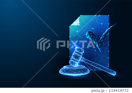 Legal document verification, attorney futuristic concept with gavel and check mark symbol  114419772