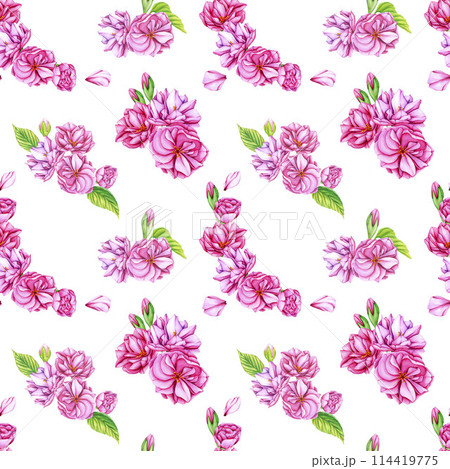 Sakura flowers. Pink cherry blossom flowers. Seamless Pattern with Japanese flowers in spring. Watercolor botanical illustration with buds, petals and leaves for your designs, wallpapers, clothing 114419775