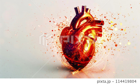 A 3D rendering of a human heart with particles flowing out A 3D rendering of a human heart with particles flowing out 114419804