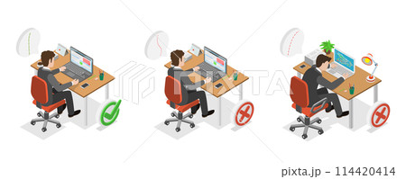 3D Isometric Flat  Conceptual Illustration of Right And Wrong Sitting Postures, Medical Ergonomic Workplace 114420414