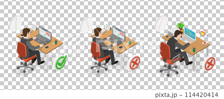 3D Isometric Flat  Conceptual Illustration of Right And Wrong Sitting Postures, Medical Ergonomic Workplace 114420414