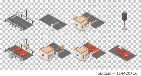 3D Isometric Flat  Conceptual Illustration of Electronic Tolls, Station Gate 114420416