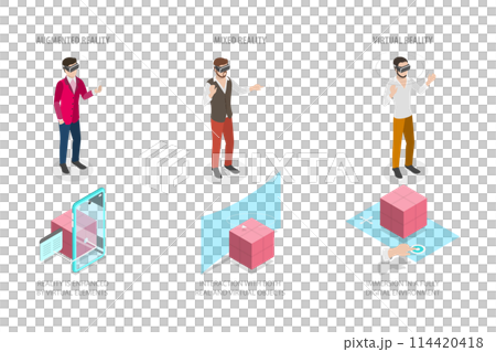 3D Isometric Flat  Conceptual Illustration of Different Types Of Reality, VR, AR and MR 114420418