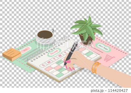 3D Isometric Flat  Conceptual Illustration of Planner, Todo List 114420427