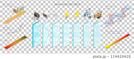 3D Isometric Flat  Conceptual Illustration of Radio Wave Spectrum, Electromagnetic Waves 114420428