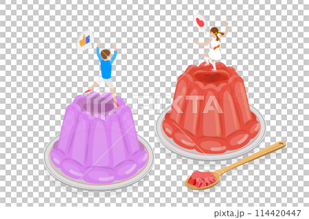 3D Isometric Flat  Conceptual Illustration of Jelly, Happy Kid Jumping on Dessert 114420447