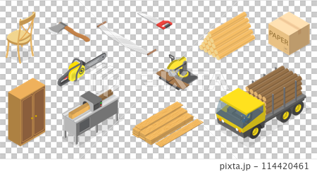 3D Isometric Flat  Conceptual Illustration of Wooden Timbered Materials, Natural Lumber, Carpentry Tools 114420461