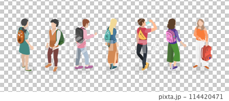 3D Isometric Flat  Conceptual Illustration of People With Backpacks, Set of College Students 114420471