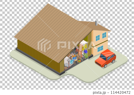3D Isometric Flat  Conceptual Illustration of Overfilled Garage, Spring Cleaning 114420472