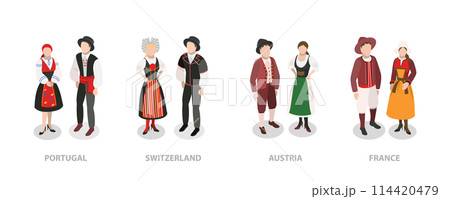 3D Isometric Flat  Conceptual Illustration of Europeans National Clothes, Traditional Costumes 114420479