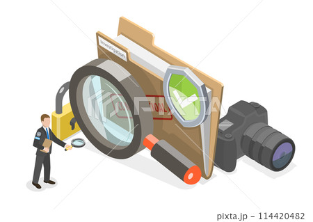 3D Isometric Flat  Conceptual Illustration of Investigation, Confidential Digital Data 114420482