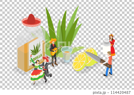 3D Isometric Flat Set of Tequila, Mexican Alcohol Drink 3D Isometric Flat Set of Tequila, Mexican Alcohol Drink 114420487