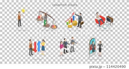 3D Isometric Flat  Conceptual Illustration of Cognitive Biases, Perception Process to Interpret Information 114420490