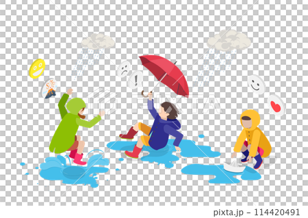 3D Isometric Flat  Conceptual Illustration of Walking Outdoors In Rain, Fun on Rainy Day 114420491
