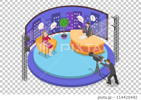 3D Isometric Flat  Conceptual Illustration of Talk Show, Broadcasting Room Interior 114420492