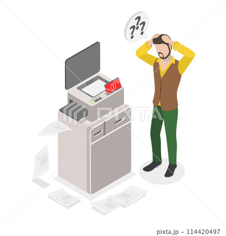 3D Isometric Flat  Conceptual Illustration of Broken Printer, Out of Order Office Equipment 114420497