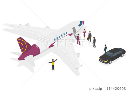 3D Isometric Flat  Conceptual Illustration of Private Jet, Luxury Airplane and Limousine Car Standing on Runway 114420498