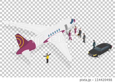 3D Isometric Flat  Conceptual Illustration of Private Jet, Luxury Airplane and Limousine Car Standing on Runway 114420498