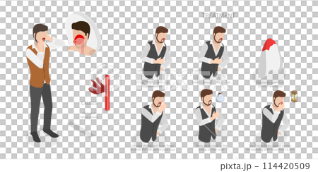 3D Isometric Flat  Conceptual Illustration of Nose Bleeding, Causes and Treatment 114420509
