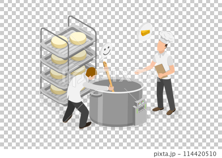 3D Isometric Flat  Conceptual Illustration of Making Cheese, Process of Dairy Product Production 114420510