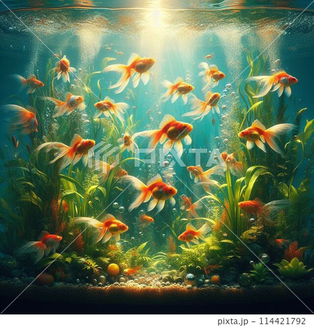 水中を泳ぐ金魚 114421792