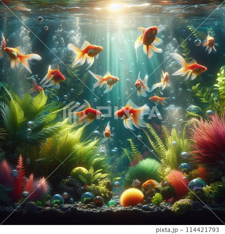 水中を泳ぐ金魚 114421793