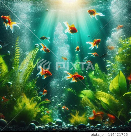 水中を泳ぐ金魚 114421796