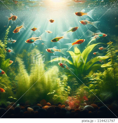 水中を泳ぐ金魚 114421797