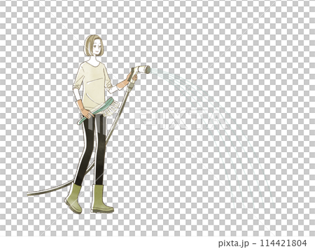 A woman spraying water with a garden hose 114421804