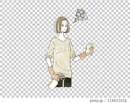 A woman holding cleaning tools with a troubled expression A woman holding cleaning tools with a troubled expression 114421816
