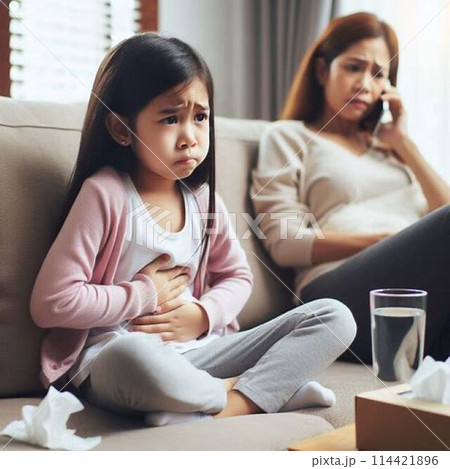 原因が分からず、腹痛にお腹を押さえる子供。 114421896