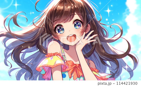 カラフルなワンピースを着た少女のイラスト カラフルなワンピースを着た少女のイラスト 114421930