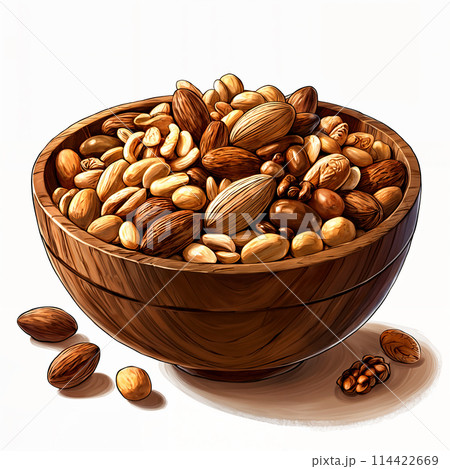 A bowl full of nuts on a table. 114422669