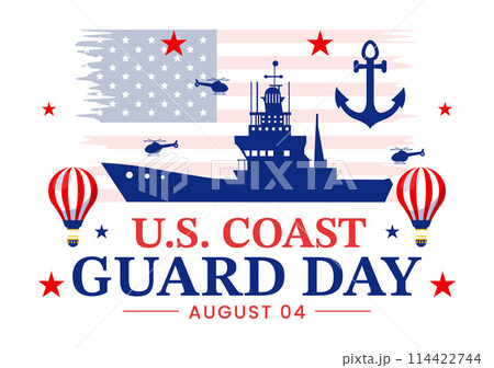 United States Coast Guard Day Vector Illustration on August 4 with American Waving Flag and Ship in National Holiday Flat Cartoon Background 114422744